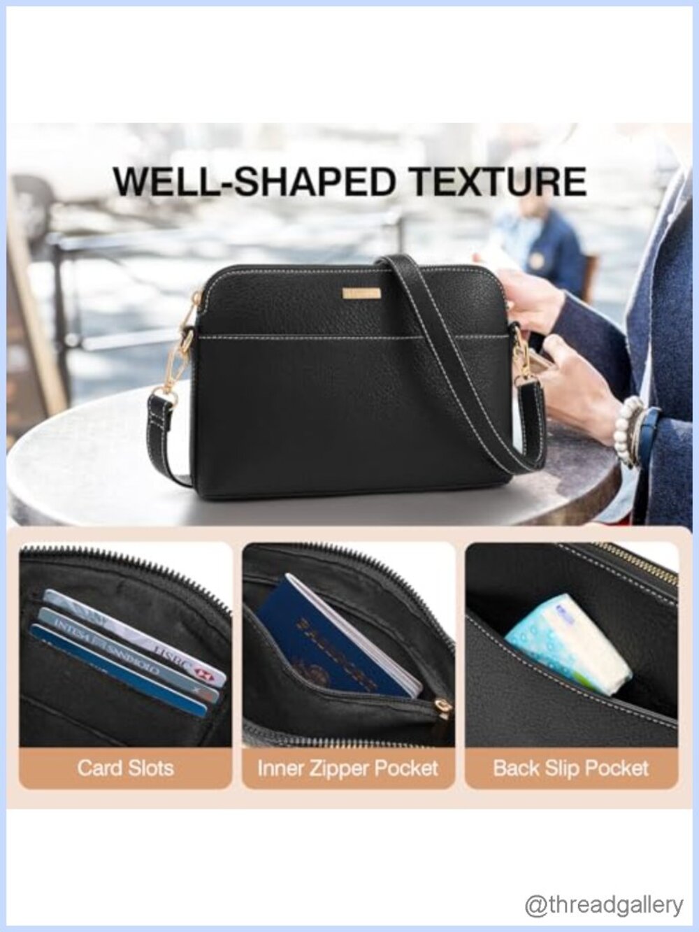 Vegan Leather Crossbody Bag Adjustable Strap Card Slots Travel Purse - Picture 4 of 6